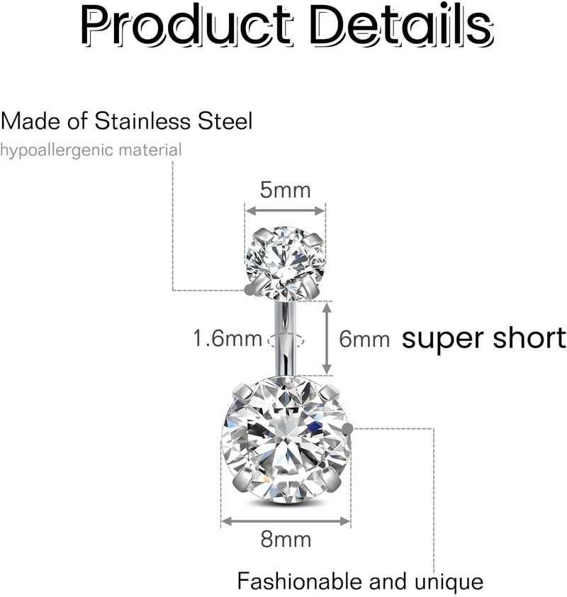 FECTAS 14g Belly Button Rings Surgical Steel CZ Petite Navel Ring for Women Body Piercing Jewelry Petite select Barbell Len 6mm 8mm 10mm 12mm 14mm Silver - Image 1